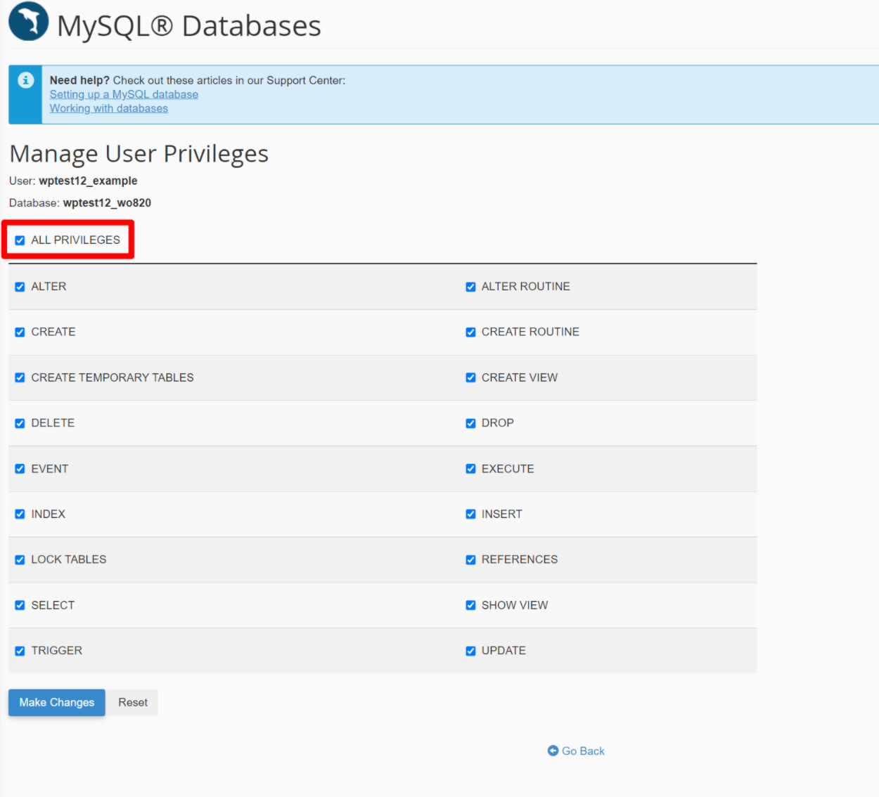 Give database user all privileges to fix error establishing a database connection