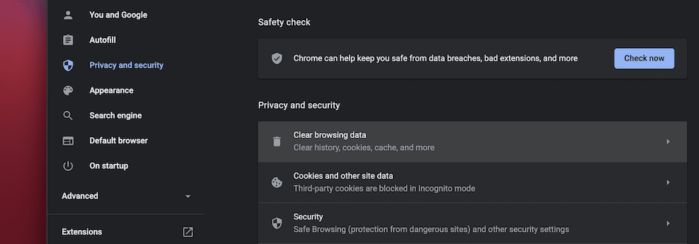 The Clear Browsing Data options within Chrome.