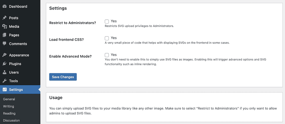 The SVG Support settings screen.