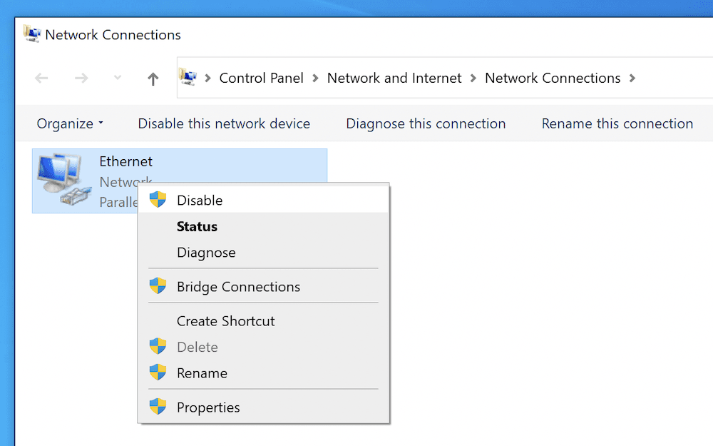 The context menu for the primary connection within Windows.