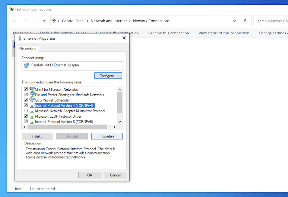 The Networking panel within Windows, showing all of the connections for the computer.