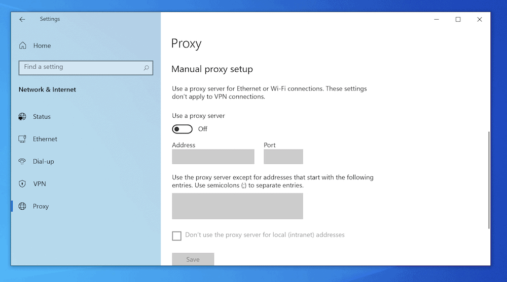 The Windows Proxy screen.