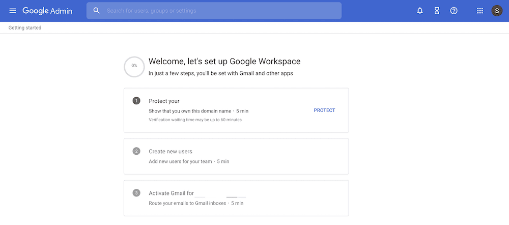 The Google Workspace setup wizard.