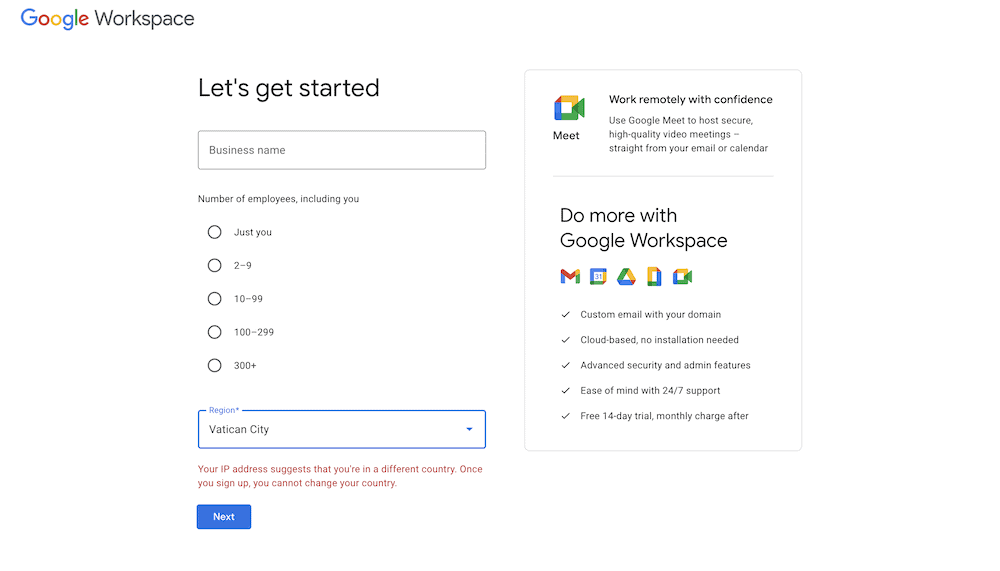 The Google Workspace setup process.