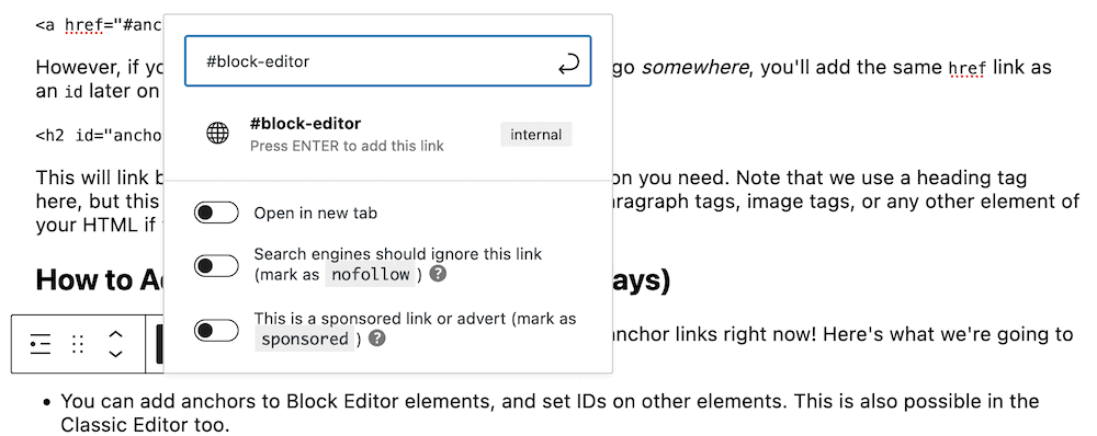 Adding an anchor link to text, using an octothorpe.