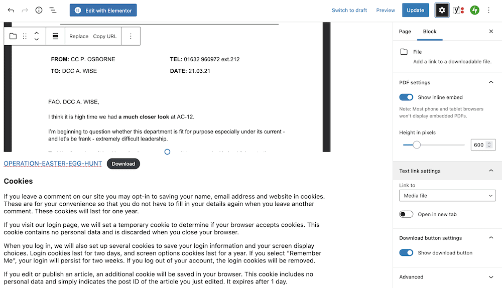 How to Embed PDF Files in WordPress 10 The File Block settings within the WordPress sidebar.
