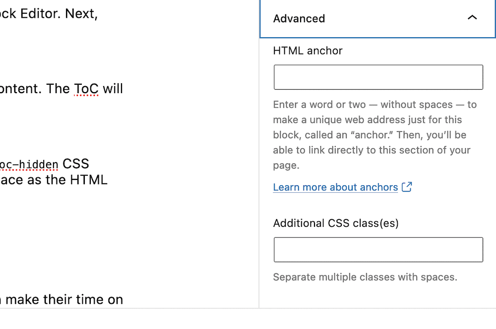 The Additional CSS class(es) field within the Block Editor.