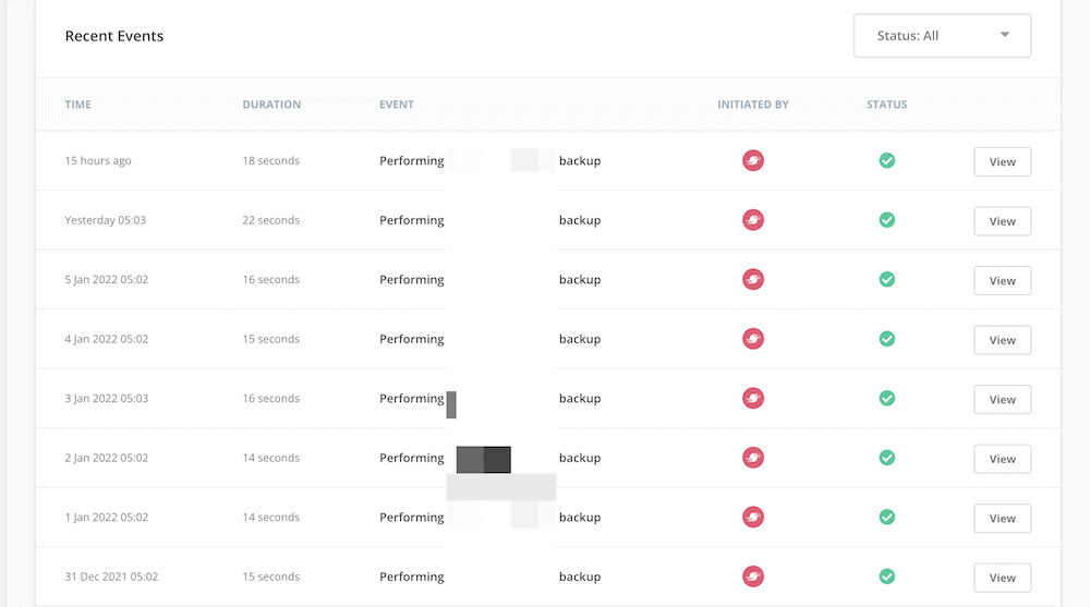 The Recent Events log in SpinupWP.