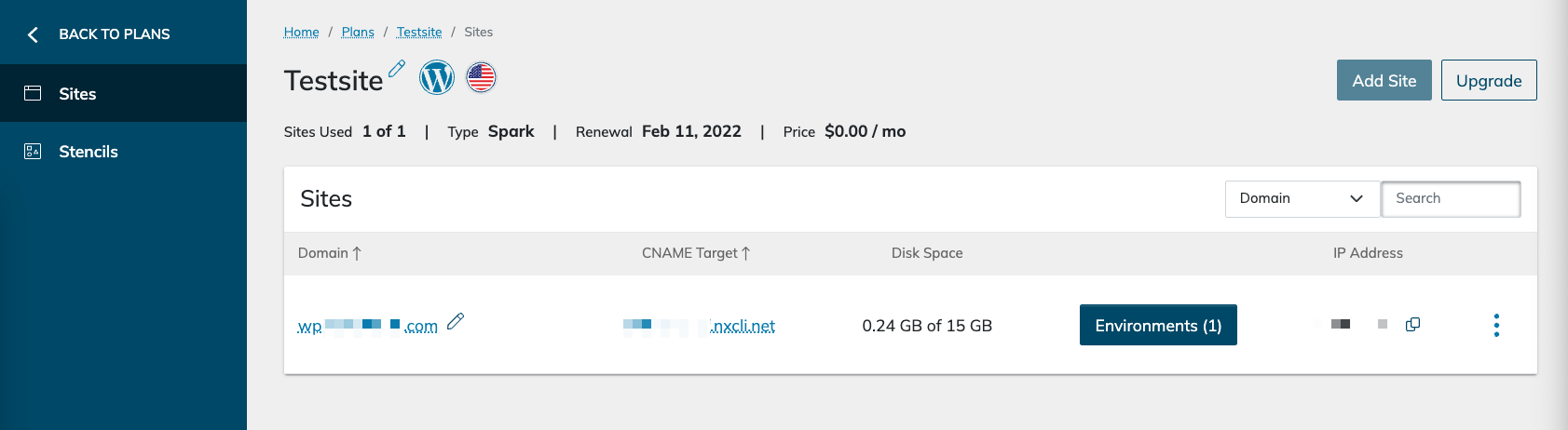 Sites in Nexcess dashboard