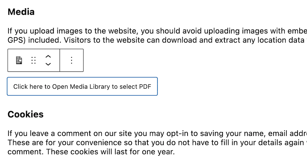 The PDF Embedder Block showing the option to open the Media Library.