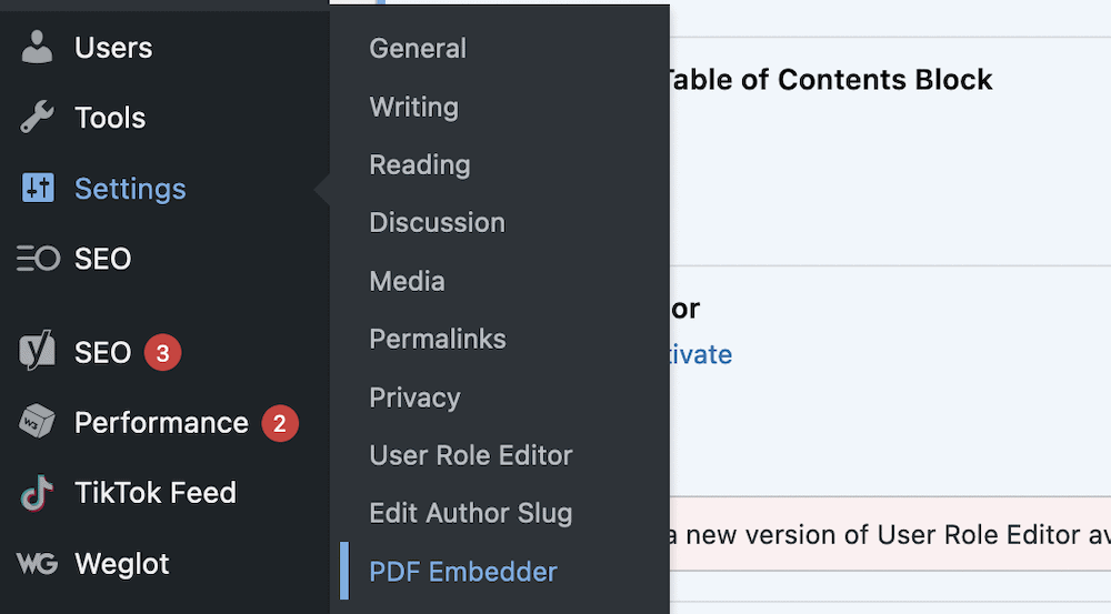 The PDF Embedder settings link within WordPress.