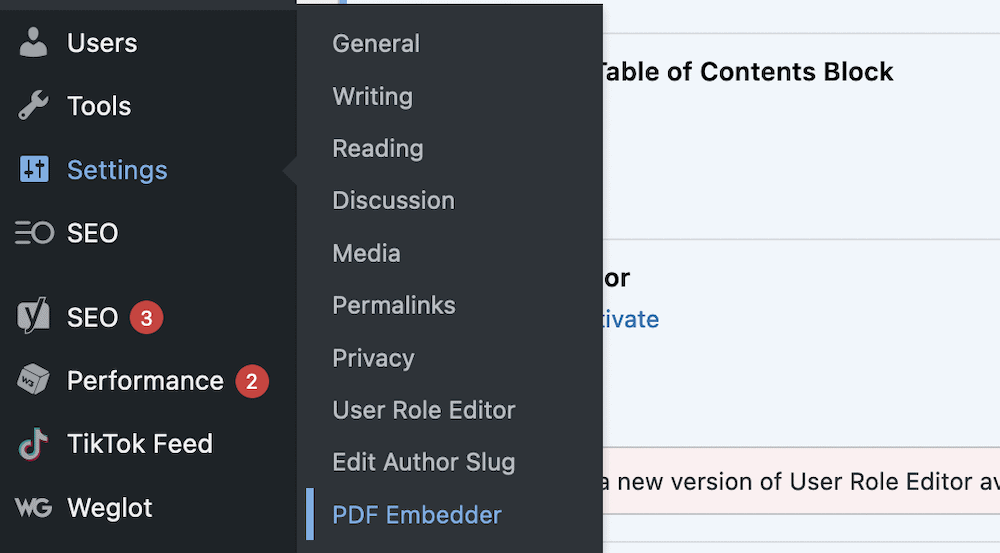 How to Embed PDF Files in WordPress 12 The PDF Embedder settings link within WordPress.