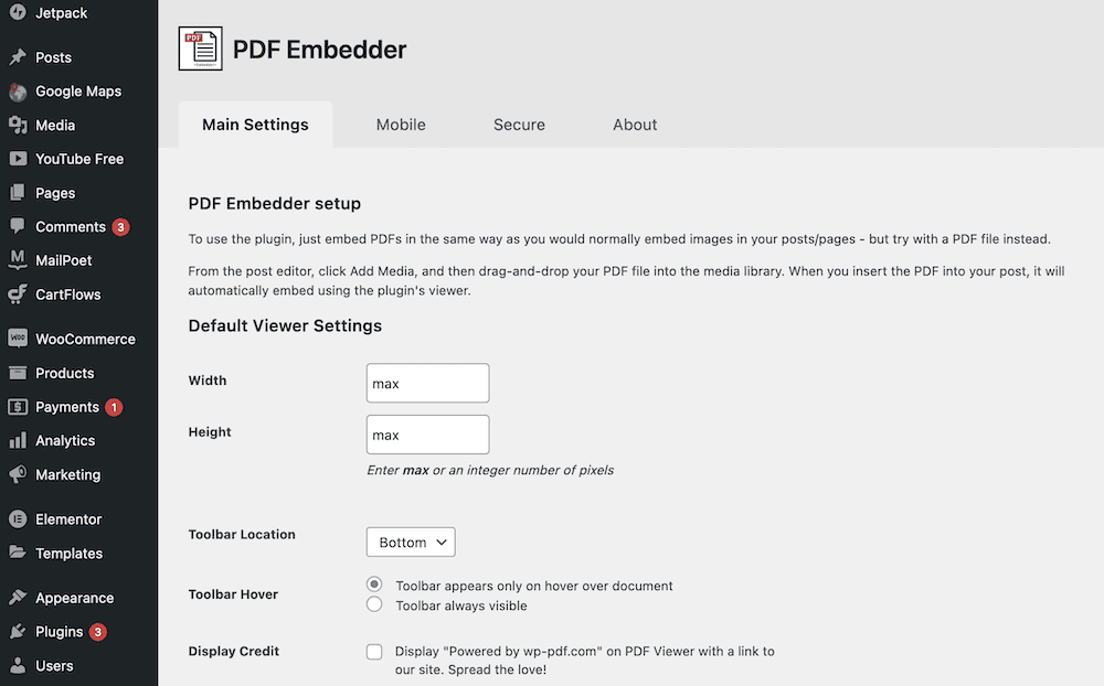 Halaman pengaturan PDF Embedder.