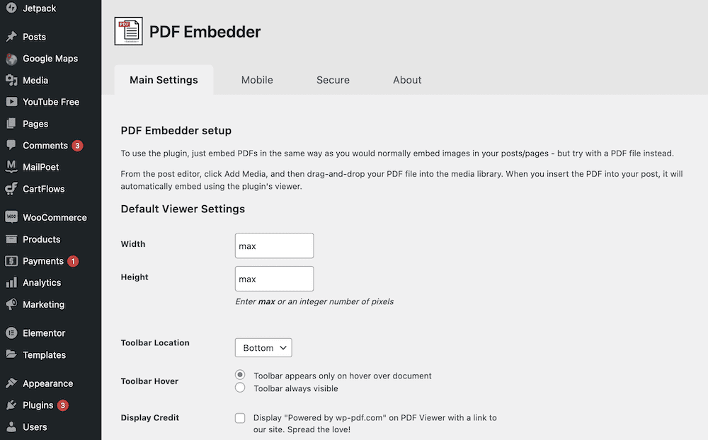 How to Embed PDF Files in WordPress 13 The PDF Embedder settings page.