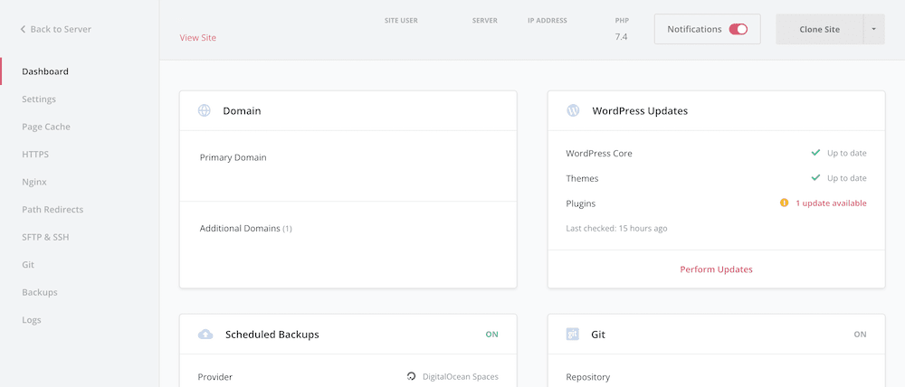 A dashboard for a single site in SpinupWP.