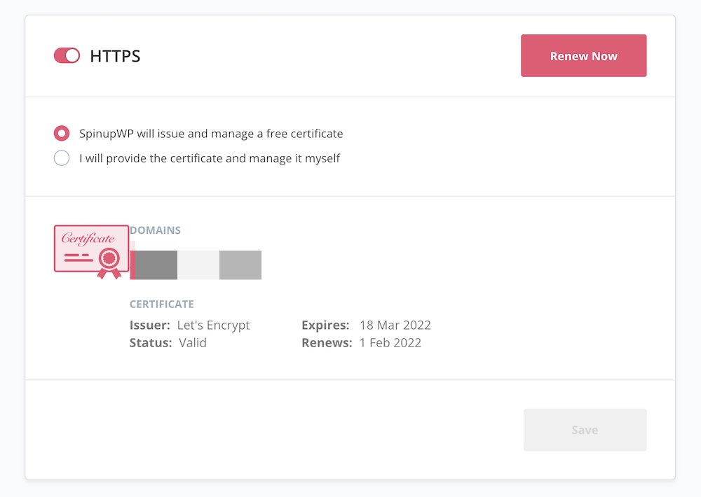 SpinupWP's certificate management options.