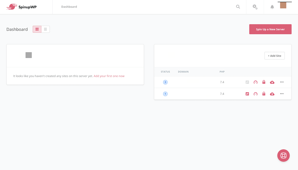 A populated SpinupWP dashboard.