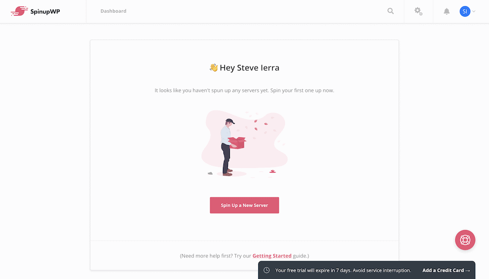 The SpinupWP dashboard, before a site or server is installed.