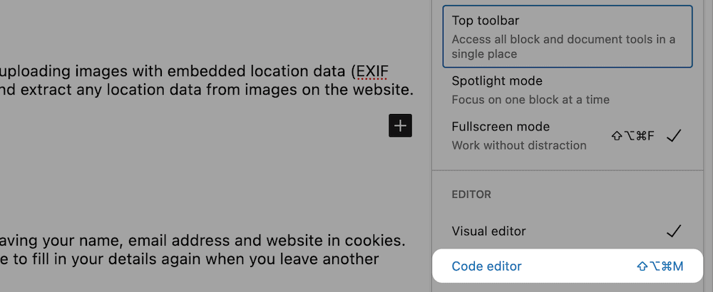 The Code editor option within WordPress.