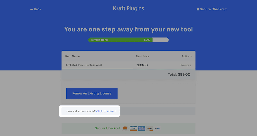 A Kraft Plugins checkout screen.