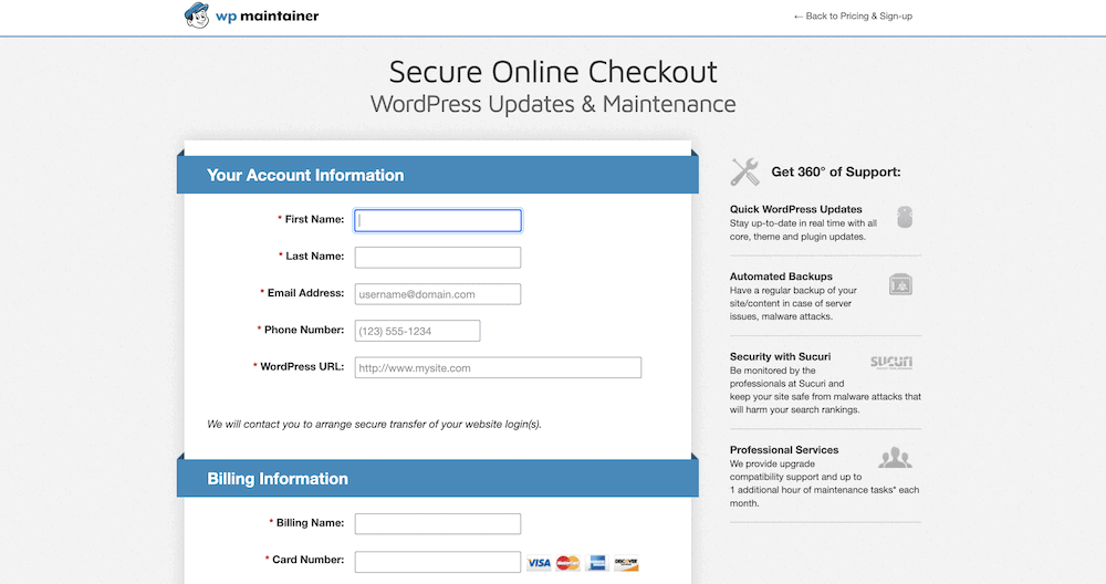 The WP Maintainer checkout screen.