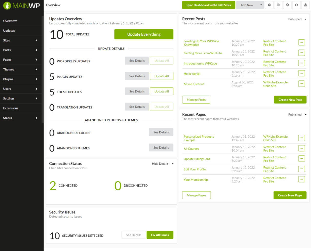 MainWP dashboard