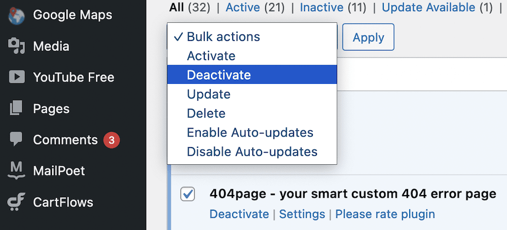 Selecting Deactivate from the Bulk actions menu within WordPress.