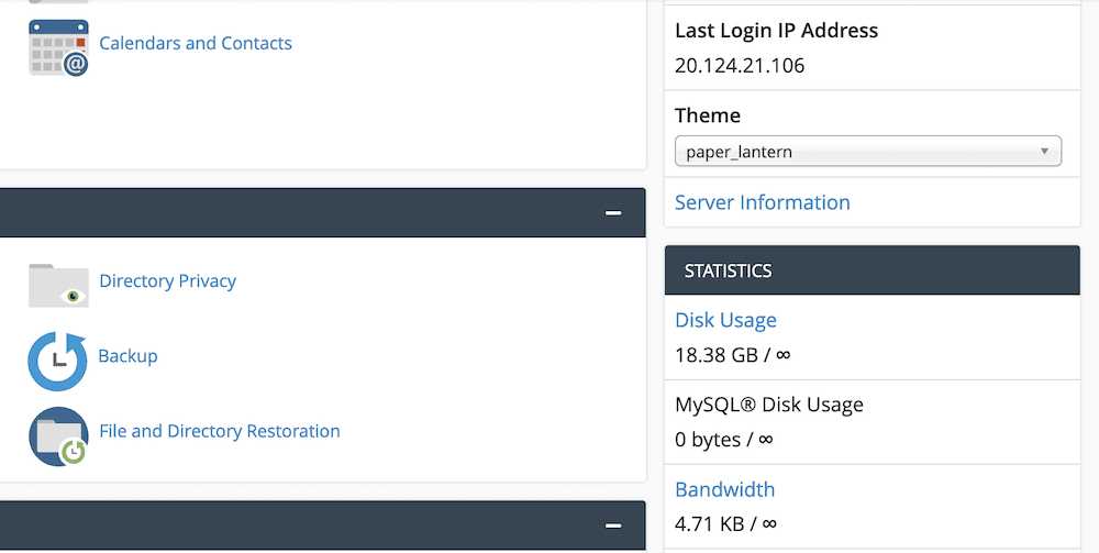 The cPanel sidebar showing the disk usage allowance.