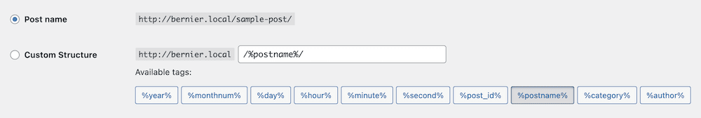 The WordPress Post name and Custom Structure fields.