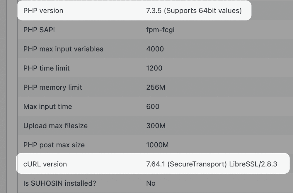 The PHP version and cURL version within the Site Health screen.