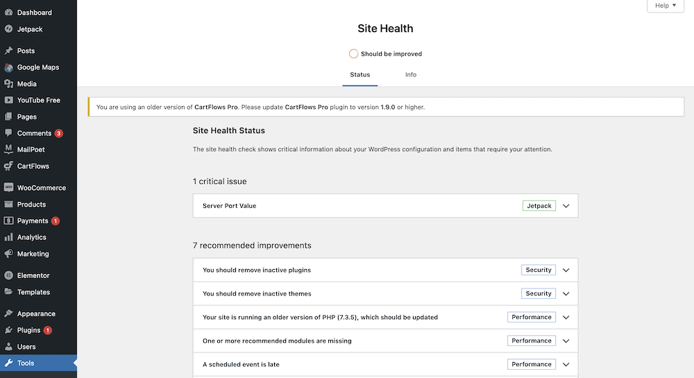 The WordPress Site Health screen.