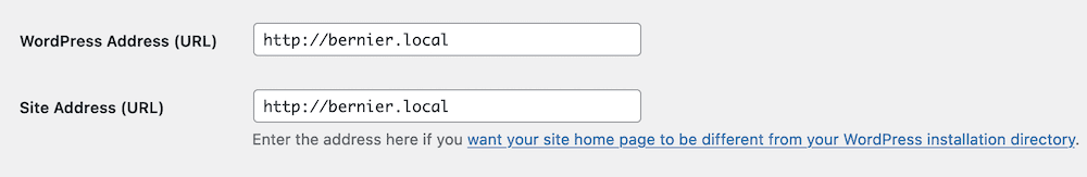 The fields for the WordPress Address URL and the Site Address URL.
