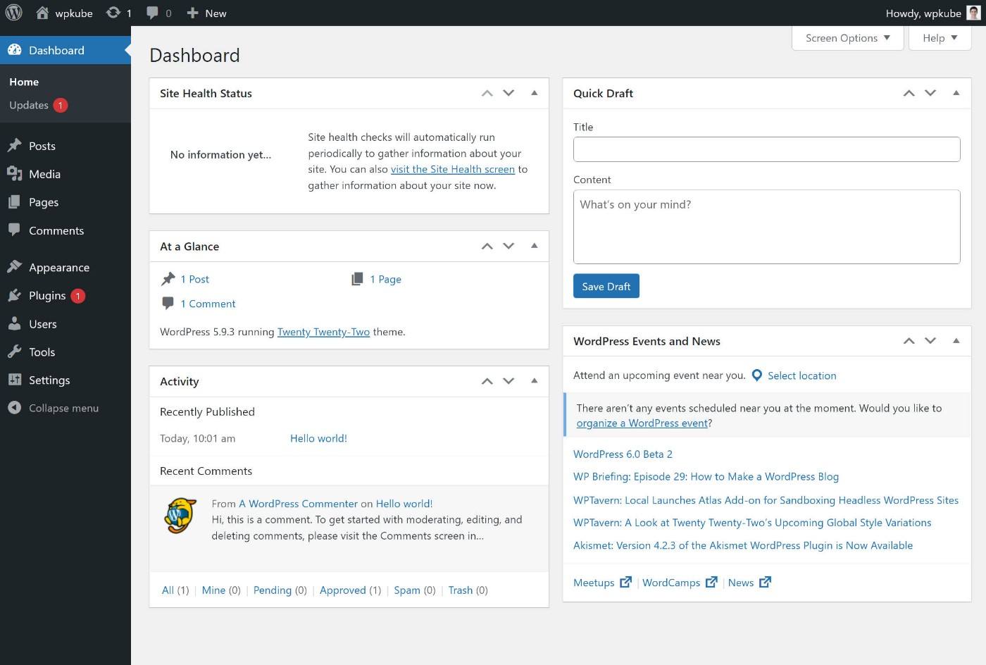 Self-hosted WordPress dashboard