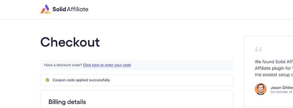 A success message after adding a coupon code to Solid Affiliate's pricing page.