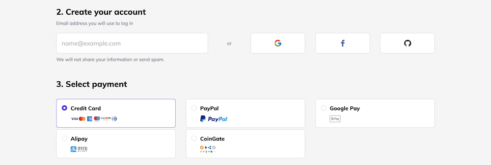 Choosing a payment type within Hostinger.