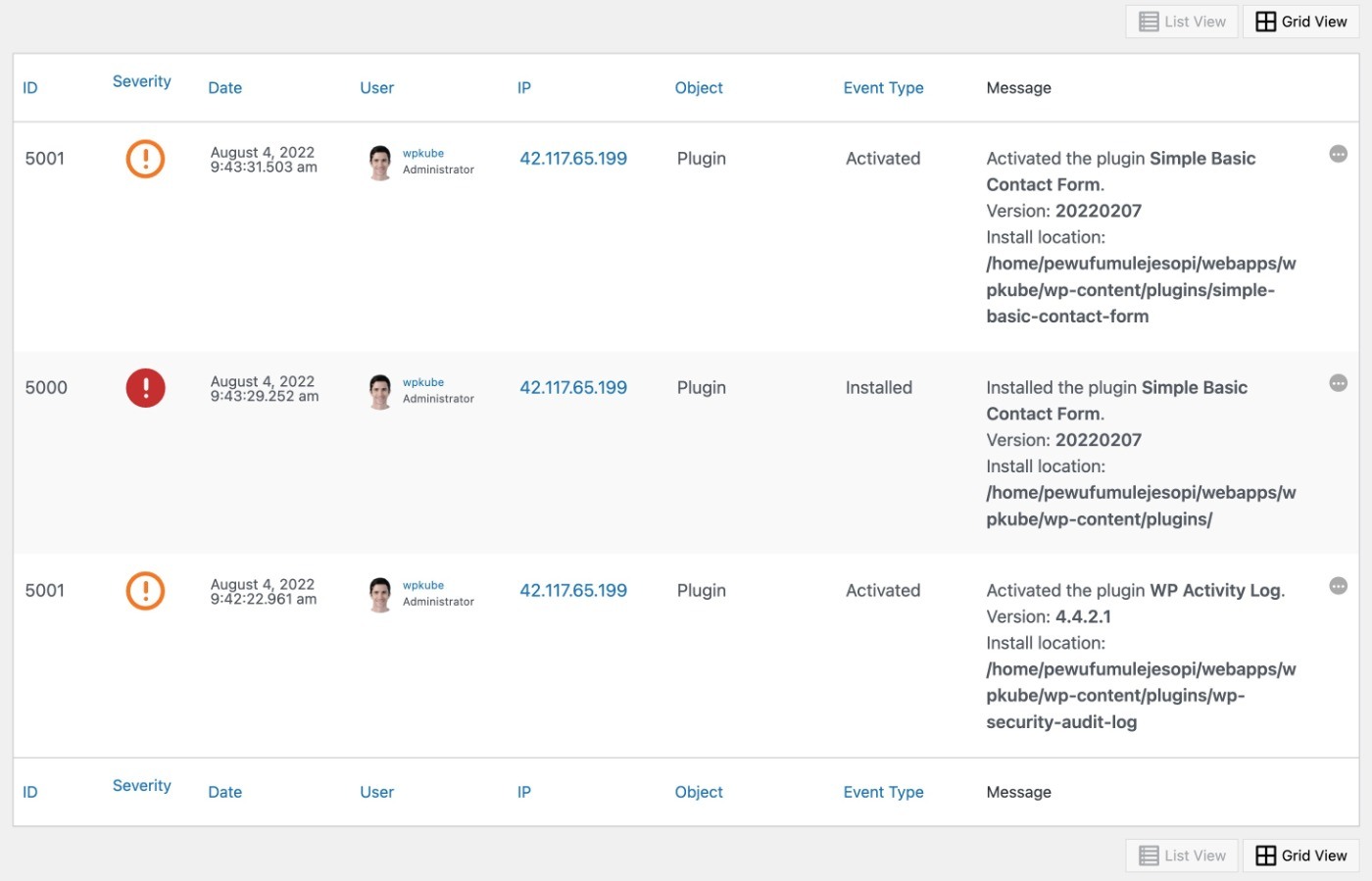 WordPress activity logging for website security