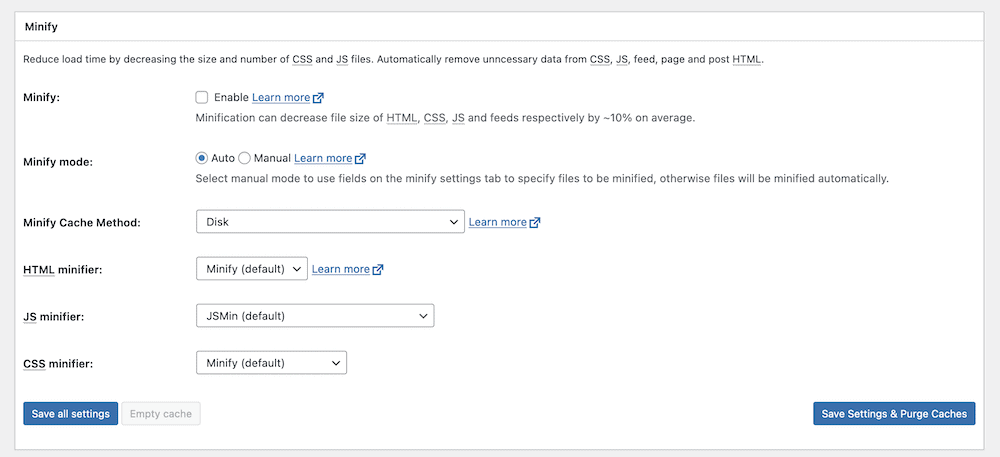 The Minify section within the W3 Total Cache General Settings page.