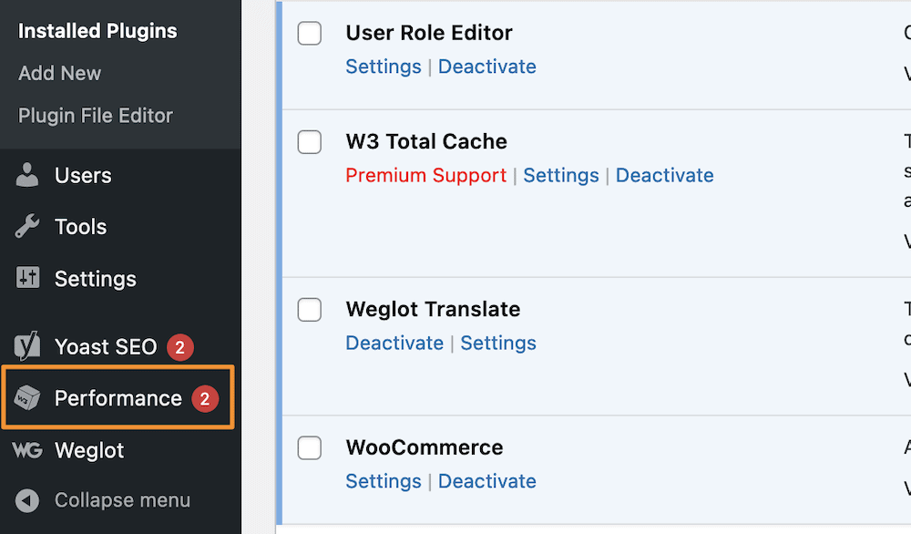 The Performance link on the WordPress dashboard.