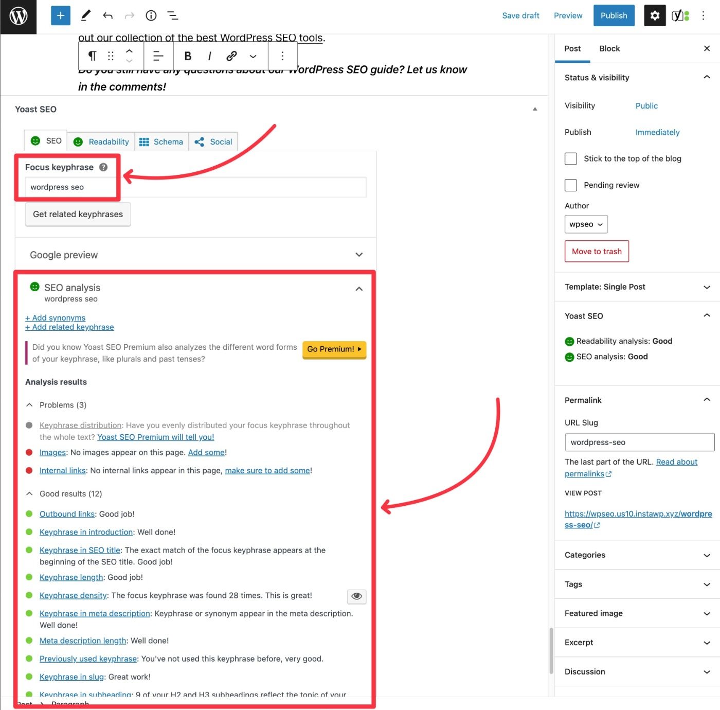 Set focus keyword in Yoast and optimize