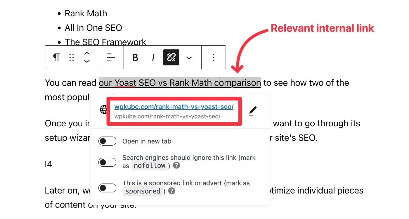 Include relevant internal links to boost WordPress SEO