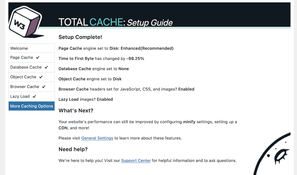 The More Caching Options screen of the Setup Guide, showing a settings summary.