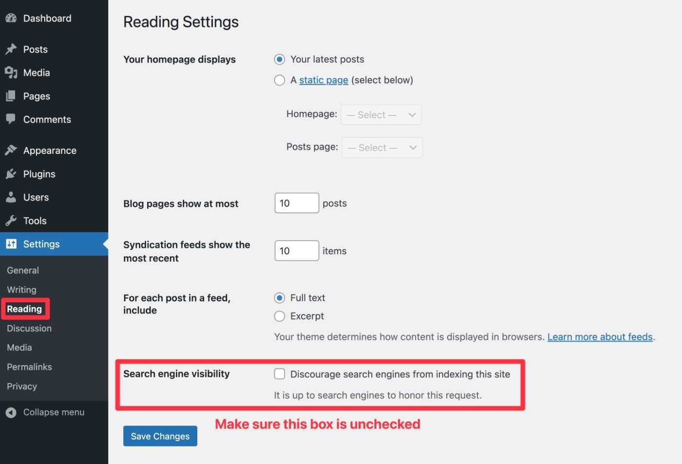 WordPress SEO visibility setting