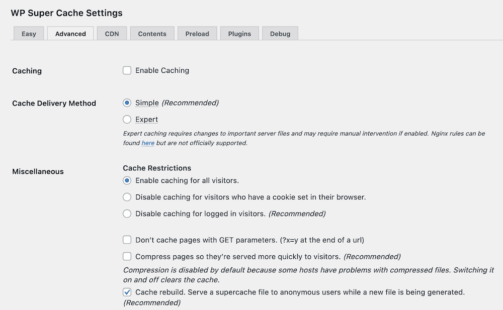 The WP Super Cache Advanced tab.