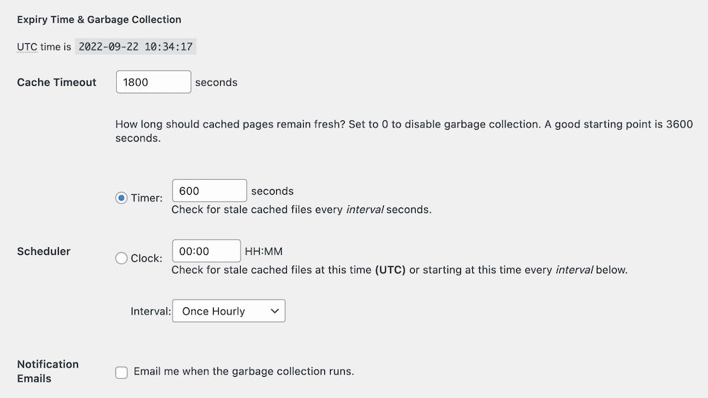 WP Super Cache's Expiry Time settings.
