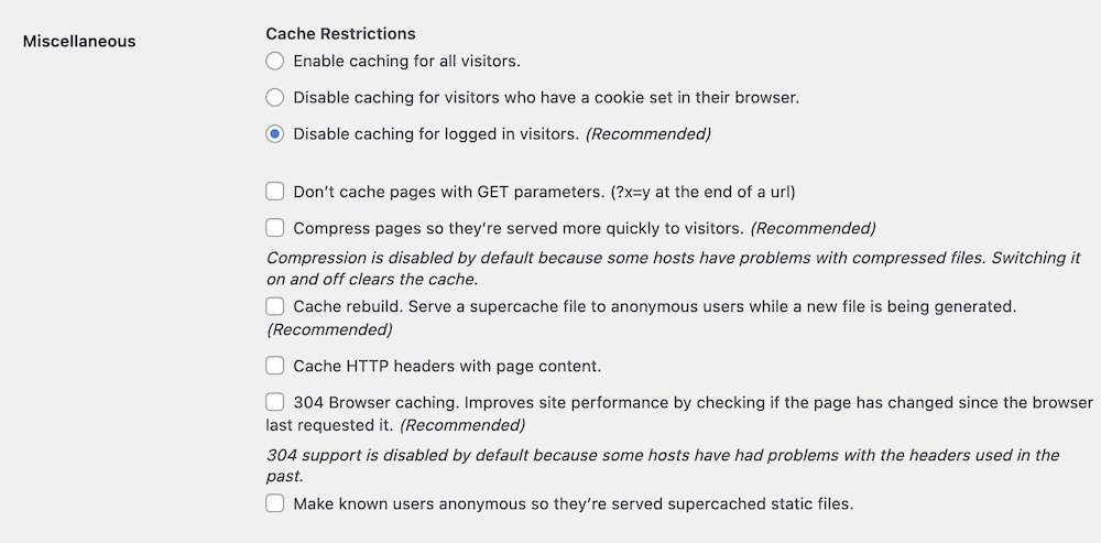 The Miscellaneous tab in WP Super Cache.