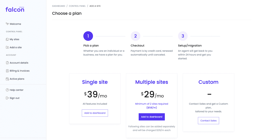 Choosing a payment plan within the FalconStack dashboard.