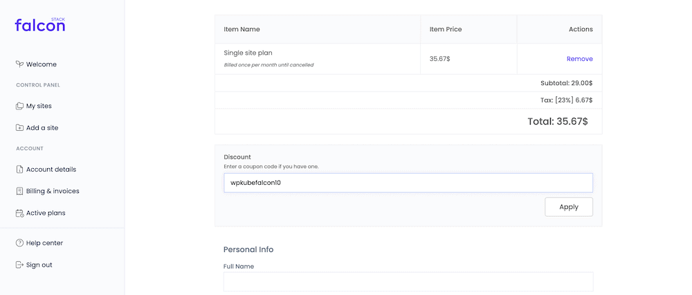 The Payment Summary section within the FalconStack dashboard.