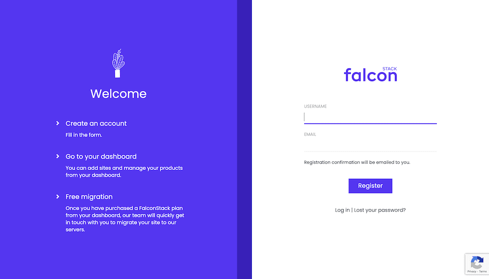 The FalconStack registration form.