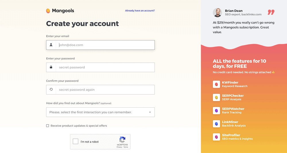 Creating a new account within the Mangools website.
