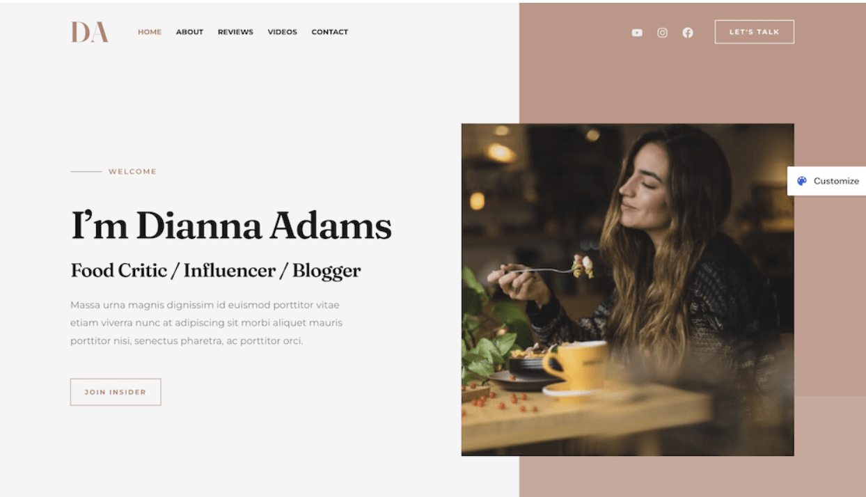 The Astra WordPress theme, showing a food blog template.